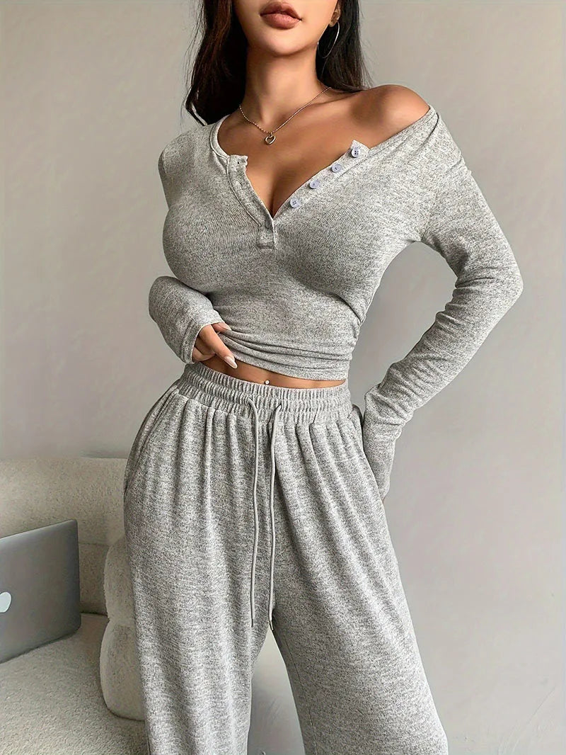 Women Two Piece Sets Sexy V-neck Long Sleeve Shirts Pant Sets Lady Running