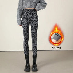 Autumn Winter Leopard Print Leggings Women's Velvet Pants Ankle Length