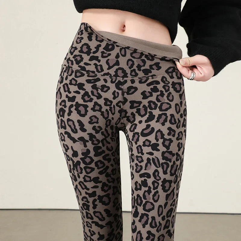 Autumn Winter Leopard Print Leggings Women's Velvet Pants Ankle Length