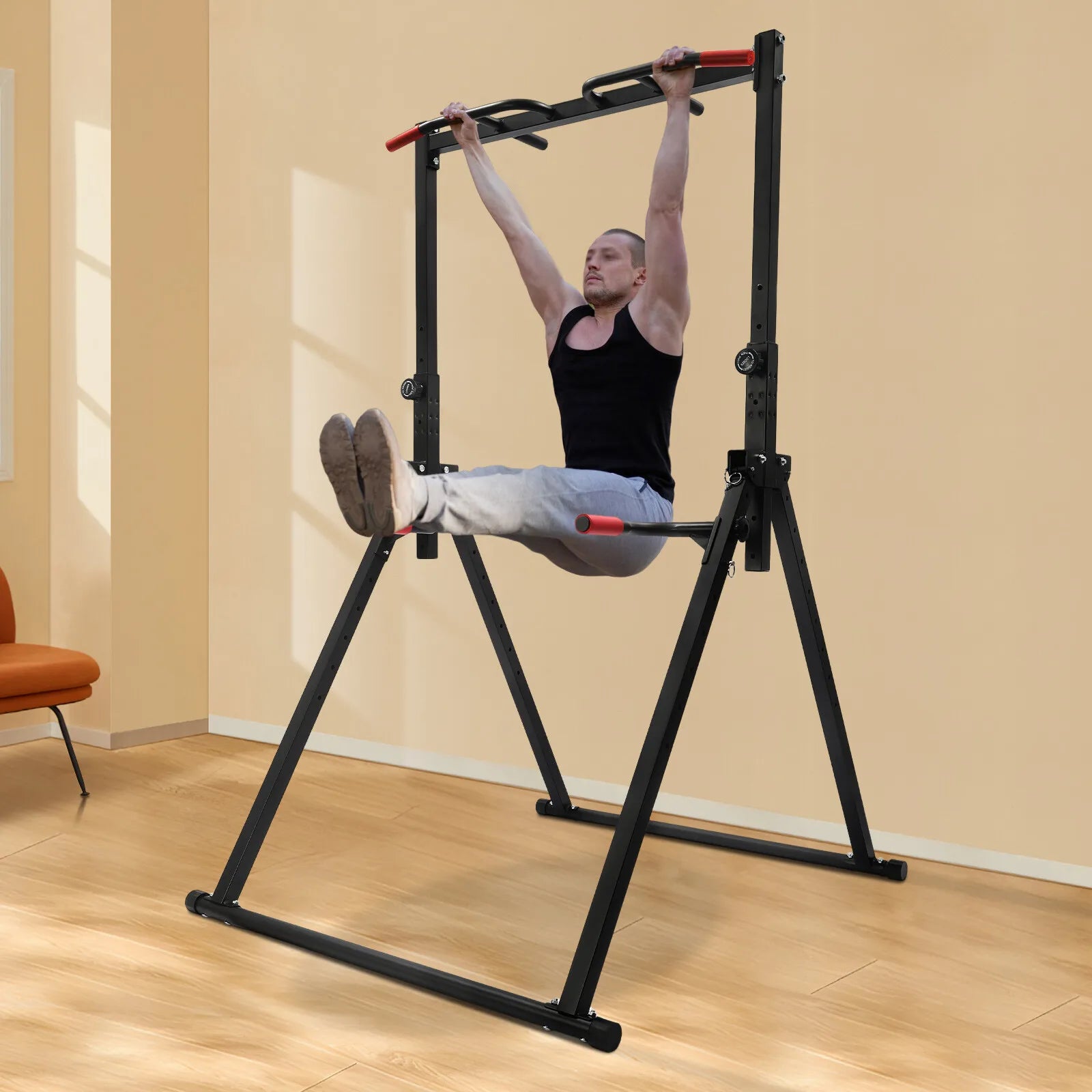 Power Tower Dip Station Adjustable Height Pull Up & Dip Station