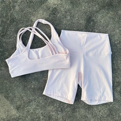 Solid Color Tight Gym Bike Yoga Set Short Legging Set Cross Back Shoulder Strap