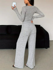 Women Two Piece Sets Sexy V-neck Long Sleeve Shirts Pant Sets Lady Running