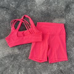 Solid Color Tight Gym Bike Yoga Set Short Legging Set Cross Back Shoulder Strap
