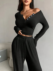 Women Two Piece Sets Sexy V-neck Long Sleeve Shirts Pant Sets Lady Running