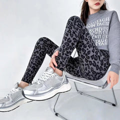 Autumn Winter Leopard Print Leggings Women's Velvet Pants Ankle Length