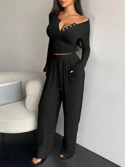 Women Two Piece Sets Sexy V-neck Long Sleeve Shirts Pant Sets Lady Running