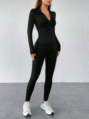 Black Zip-Up Long Sleeve Sports Set with High-Waist Leggings for Women