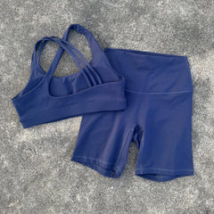 Solid Color Tight Gym Bike Yoga Set Short Legging Set Cross Back Shoulder Strap