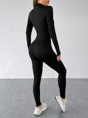 Black Zip-Up Long Sleeve Sports Set with High-Waist Leggings for Women