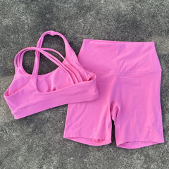 Solid Color Tight Gym Bike Yoga Set Short Legging Set Cross Back Shoulder Strap