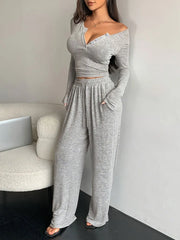Women Two Piece Sets Sexy V-neck Long Sleeve Shirts Pant Sets Lady Running