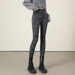 Autumn Winter Leopard Print Leggings Women's Velvet Pants Ankle Length
