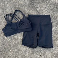 Solid Color Tight Gym Bike Yoga Set Short Legging Set Cross Back Shoulder Strap