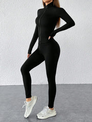 Black Zip-Up Long Sleeve Sports Set with High-Waist Leggings for Women