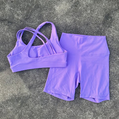 Solid Color Tight Gym Bike Yoga Set Short Legging Set Cross Back Shoulder Strap