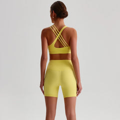 Solid Color Tight Gym Bike Yoga Set Short Legging Set Cross Back Shoulder Strap