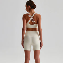Solid Color Tight Gym Bike Yoga Set Short Legging Set Cross Back Shoulder Strap
