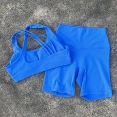 Solid Color Tight Gym Bike Yoga Set Short Legging Set Cross Back Shoulder Strap