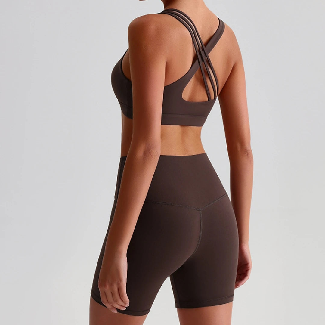 Solid Color Tight Gym Bike Yoga Set Short Legging Set Cross Back Shoulder Strap